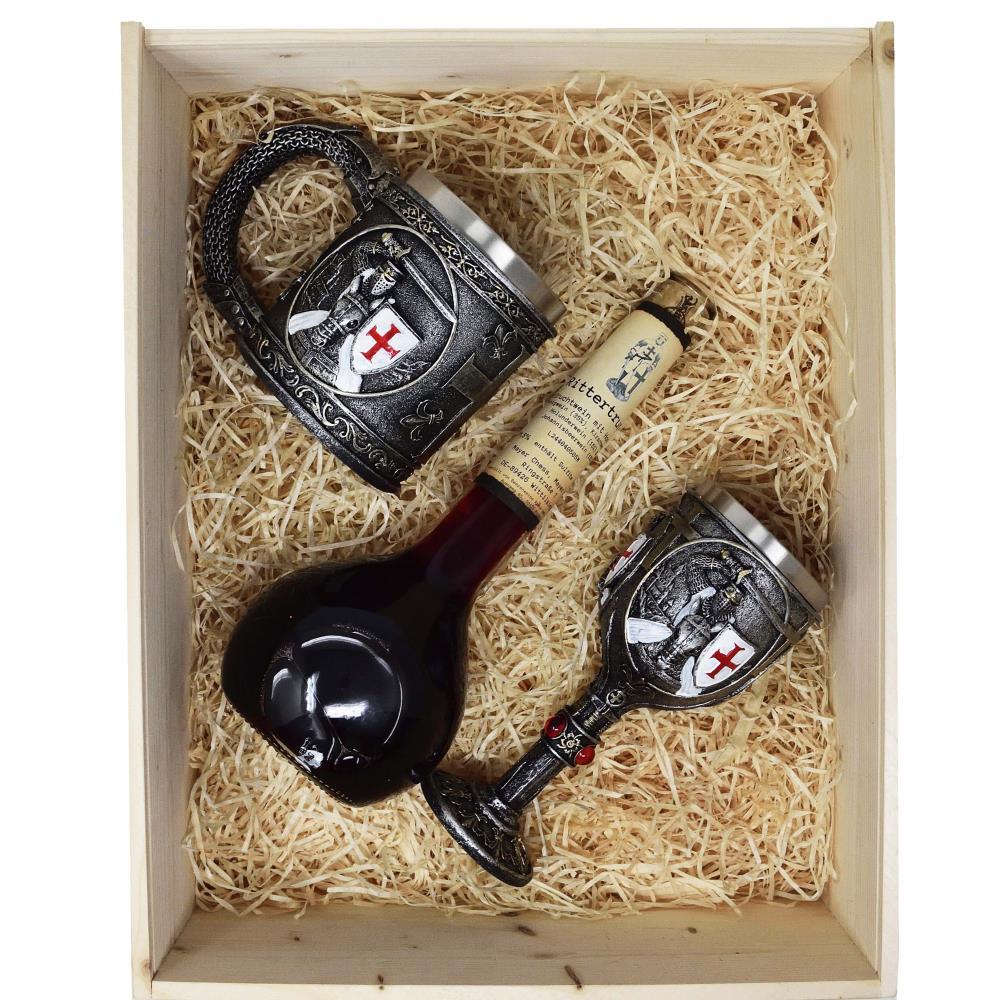 Geschenkset Elixierflasche Rittertrank Mehrfruchtwein mit 1x Krug, 1x Kelch und Gravur